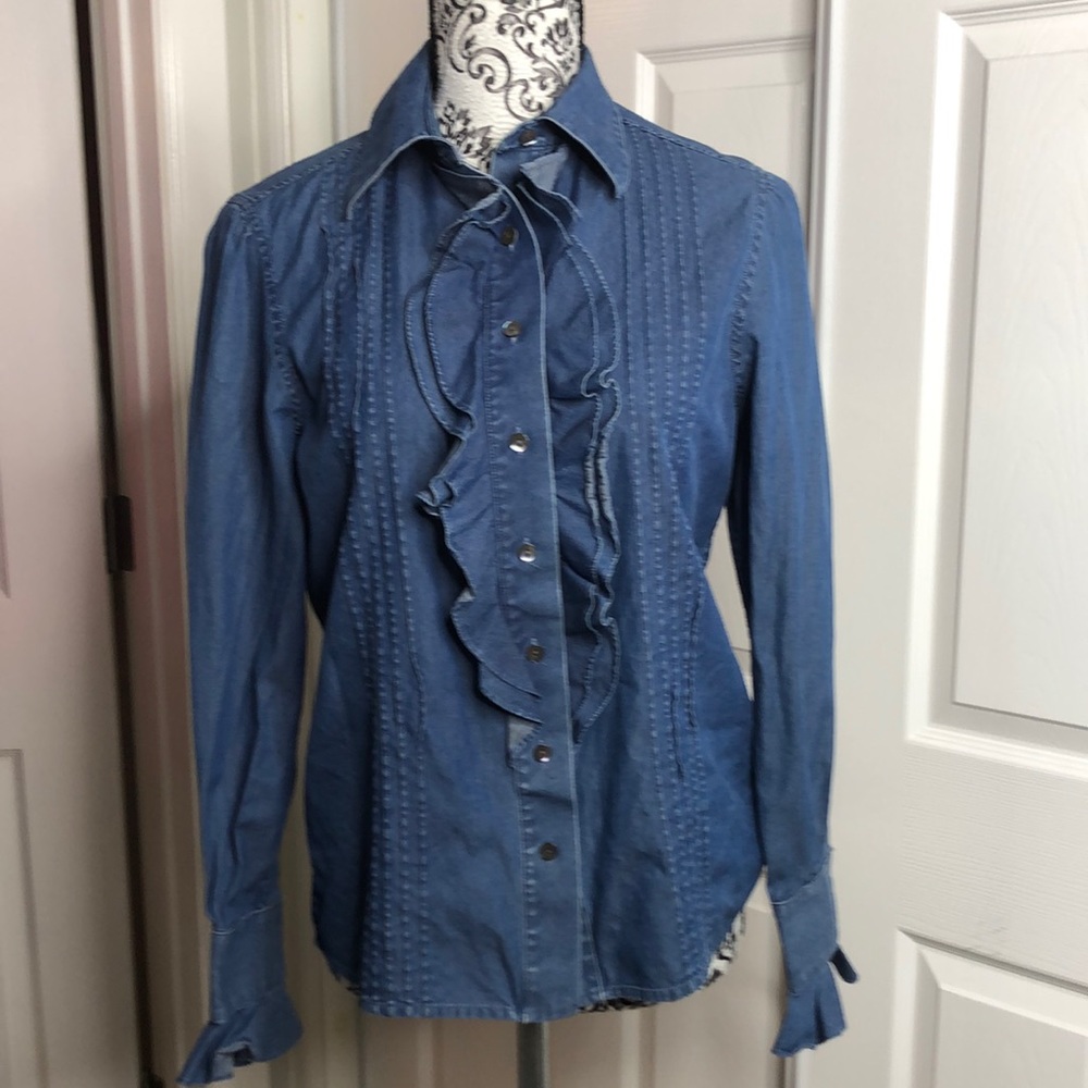 Brooks Brother Blue Ruffle Button Down Collar Top 10
